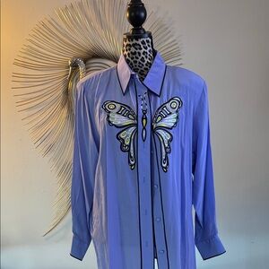 Vintage Bob Mackey Embroidered Butterfly Design silk Shirt shoulder pads